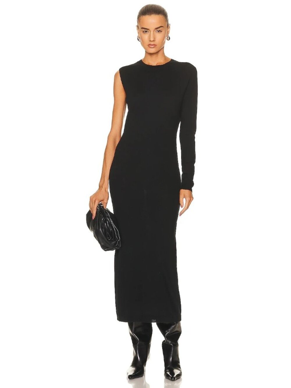 Totem Black Knitted Merino Wrap Dress 100% Wool One Shoulder, Size L
